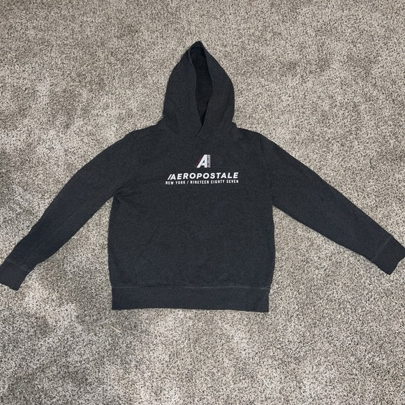 Aeropostale Hoodie Sweatshirt M Charcoal Gray Fleece‎ Pullover Pocket NY 1987 - Picture 1 of 5